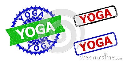 YOGA Rosette and Rectangle Bicolor Stamps with Unclean Textures Vector Illustration