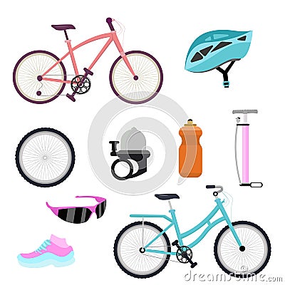 Bicycle accessories set and bicycle Vector Illustration