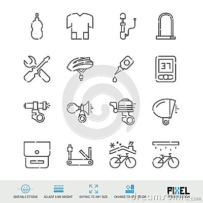 Bicycle Accessories, Tools and Clothing Vector Line Icons Set. Bike Shop, Maintenance Linear Symbols, Pictograms, Signs Vector Illustration