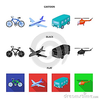 Bicycle, airplane, bus, helicopter types of transport. Transport set collection icons in cartoon,black,flat style vector Vector Illustration