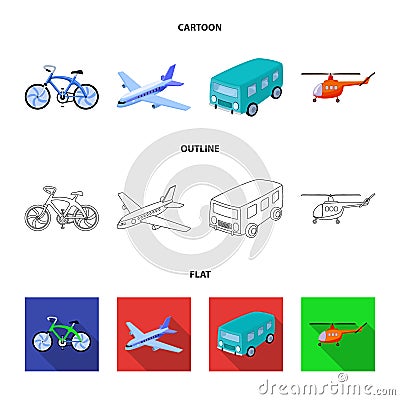 Bicycle, airplane, bus, helicopter types of transport. Transport set collection icons in cartoon,outline,flat style Vector Illustration