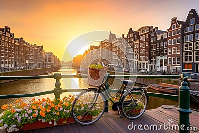 Bicycle amsterdam bridge. Generate Ai Stock Photo
