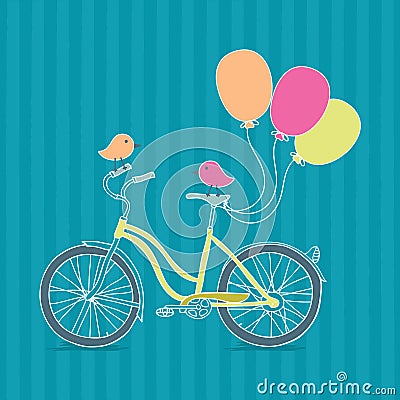 Bicycle, balloons and birds Vector Illustration