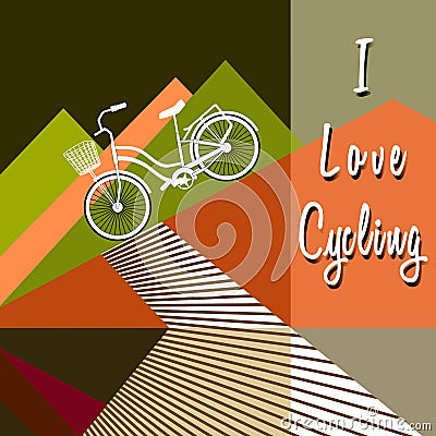 Bike drives down from stylized mountains to path Vector Illustration