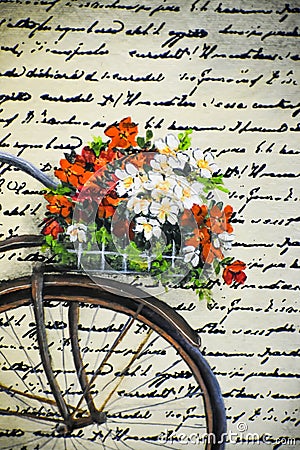 Bicycle with Flowers and Cursive Handwriting Stock Photo