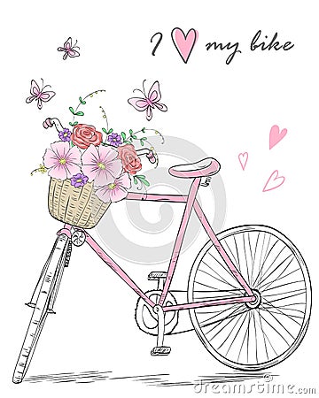 Bicycle with a basket full of flowers on background with butterflies and inscription I love my bike. Vector Illustration