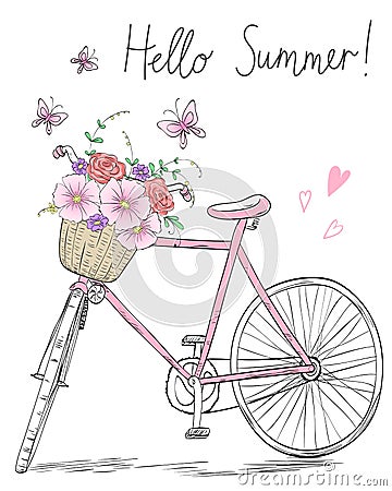 Bicycle with a basket full of flowers on background with butterflies and inscription I love my bike. Vector Illustration