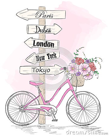 Bicycle with a basket full of flowers on background with butterflies and inscription I love my bike. Vector Illustration