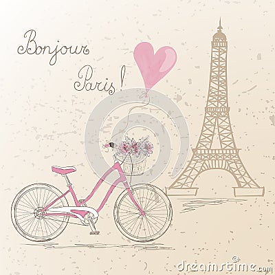 Bicycle with a basket full of flowers on the background Eiffel Tower in Paris. Vector Illustration