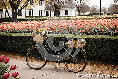 A bicycle with a basket full of fresh tulips Stock Photo