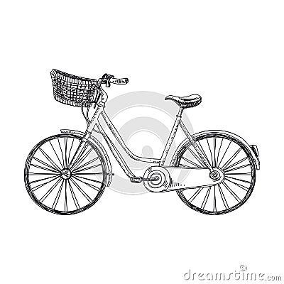 Bicycle with basket hand drawn black and white vector illustration Vector Illustration