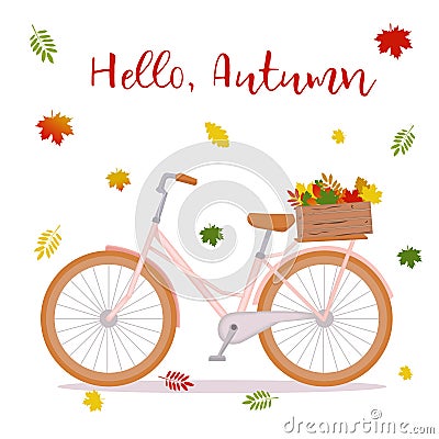 Bicycle with a basket with yellow leaves. Cartoon Illustration