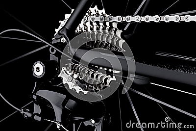 Bicycle bike rear derailleur gear casette chain detail black dar Stock Photo