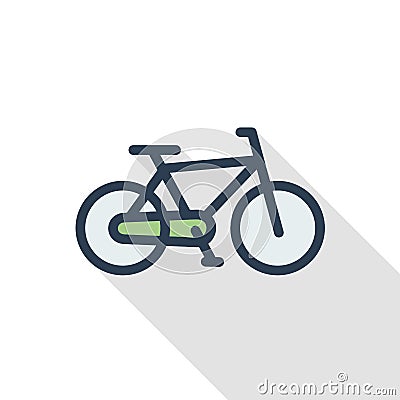 Bicycle, bike thin line flat color icon. Linear vector symbol. Colorful long shadow design. Vector Illustration