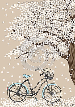 Bicycle and Blooming Tree Vector Illustration