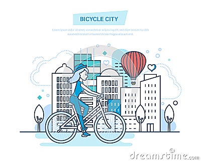 Bicycle city. Girl rides in park and entertainment outside home. Vector Illustration