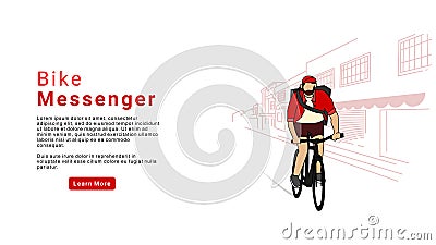 Bicycle delivery logistics courier. Bike messenger bearded male character hipster style. Bike messenger. Landing page. Trendy Cha Vector Illustration