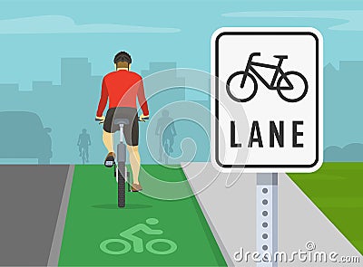 Bicycle driving tips. Back view of people cycling on bike path. City bike lane traffic or road sign. Vector Illustration