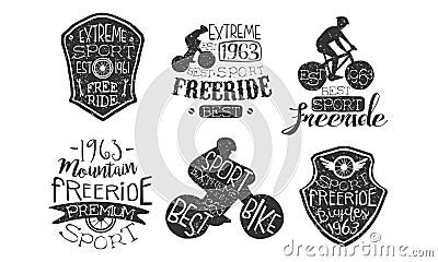 Bicycle Extreme Sport Retro Labels Set, Freeride Hand Drawn Badges Monochrome Vector Illustration Vector Illustration