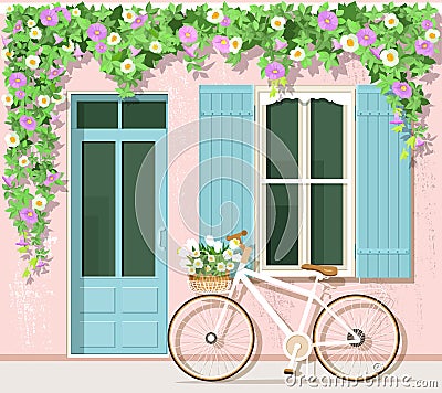 Bicycle with flowers near provence style house. Vintage building facade. Vector set: door, window, bicycle, flowers. Vector Illustration