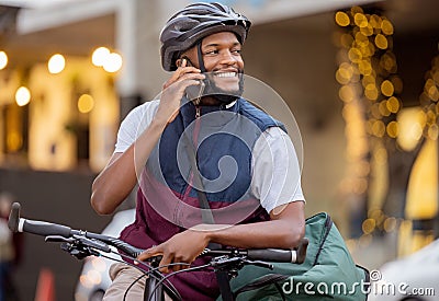 Bicycle, food delivery man and phone call in courier services, ecommerce communication and city transport. Urban Stock Photo