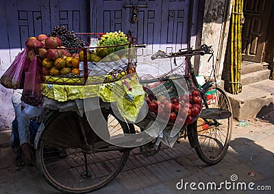 A Bicycle Fruit Cart in Kathmandu Editorial Stock Photo