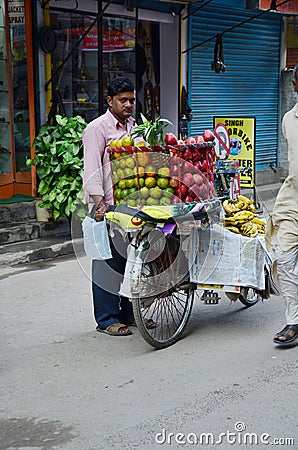 Bicycle Fruit Shop or greengrocery on the street at Thamel market Editorial Stock Photo