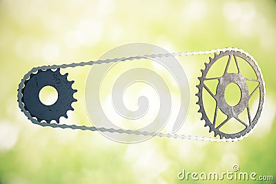 Bicycle gearing on green background Stock Photo