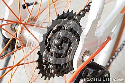 Bicycle gears mechanism on the rear wheel Stock Photo