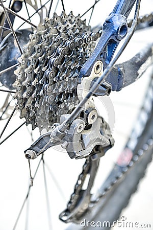Bicycle gears and rear derailleur. Stock Photo