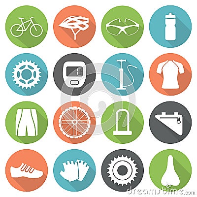 Set of bicycle parts and sport equipment icons in flat style. Vector Illustration
