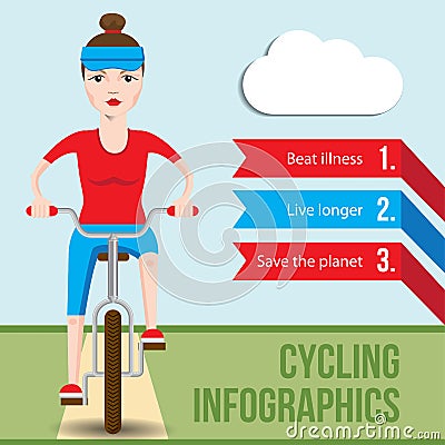 Bicycle infographics concept with front view of smiling cartoon hipster woman Vector Illustration