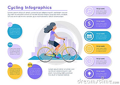 Bicycle infographics. Woman riding bike with city landscape, different data colorful elements. Vector illustration Vector Illustration