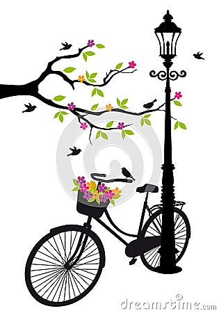 Bicycle with lamp, flowers and tree, vector Vector Illustration