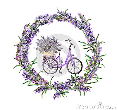 Bicycle, lavender flowers in lavender round border. Floral watercolor Stock Photo