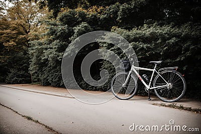 A bicycle leaning against a tree hinting at hurried commutes Stock Photo