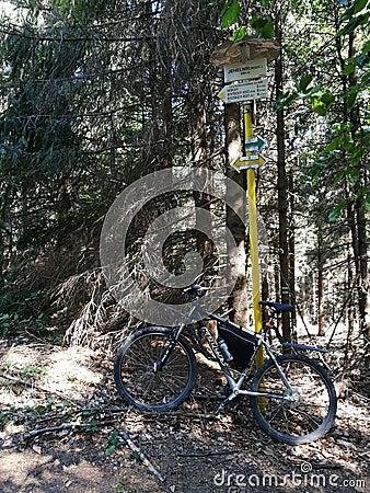 Bicycle leaning on a yellow direction sign in a hiking area Editorial Stock Photo