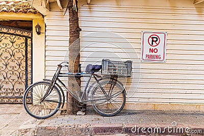 Bicycle locked to a tree in Cairo Editorial Stock Photo