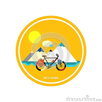 Bicycle near the mountain. Bicycle tourism. Vector Illustration