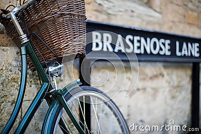 Bicycle Next To Brasenose Lane Sign Outside Oxford University Co Stock Photo