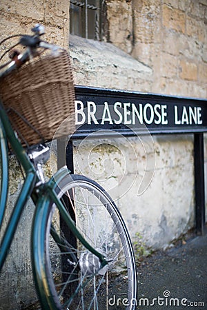 Bicycle Next To Brasenose Lane Sign Outside Oxford University Co Stock Photo