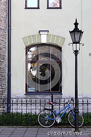Bicycle in old quarter of Tallinn Stock Photo