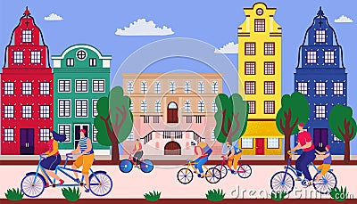 Bicycle parade on street, vector illustration. Sporting event on road, fun city holiday. Group young people having fun Vector Illustration