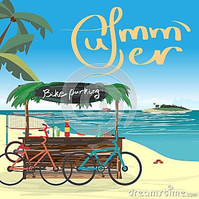 Bicycle parking at the beach near the wooden bungalows Vector Illustration