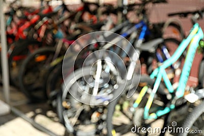 Bicycle parking with different bicycles, selective focus Stock Photo