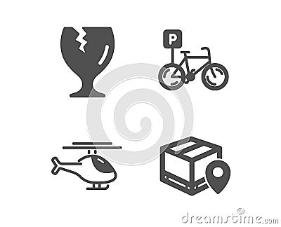 Bicycle parking, Helicopter and Fragile package icons. Parcel tracking sign. Bike park, Copter, Safe shipping. Vector Vector Illustration