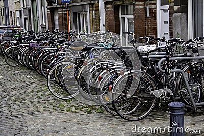 Bicycle parking and traditional old dutch Editorial Stock Photo