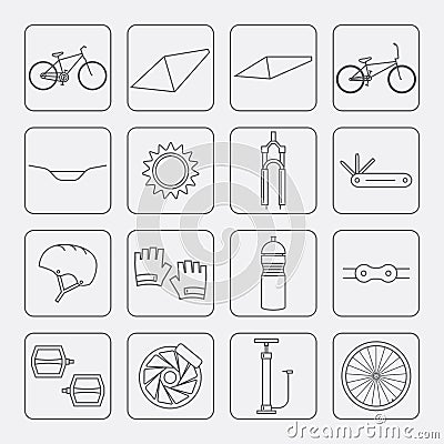 Bicycle parts and accessories. Line icons set. Vector. Vector Illustration