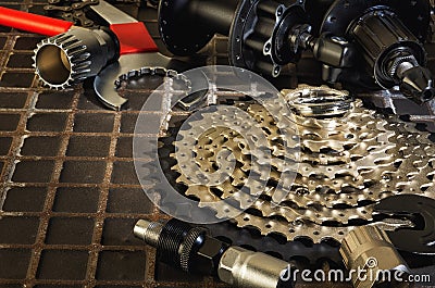 Bicycle parts and tools for bicycle repair Stock Photo