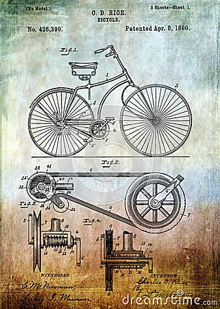 Bicycle patent from 1890 Stock Photo